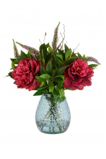 Artificial Peony Arrangement in Blue Vase