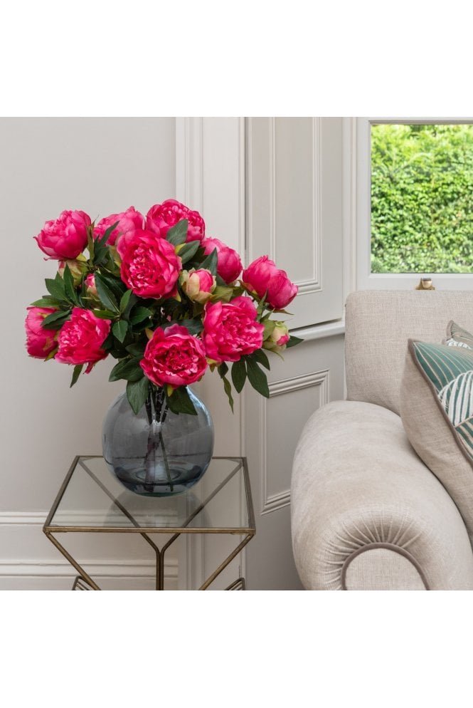 Artificial Pink Peony Display in Blue Vase