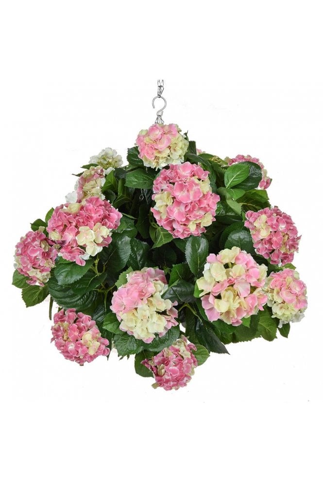 The Artificial Plants Shop Artificial 25cm Hydrangea Ball Hanging Basket Pink